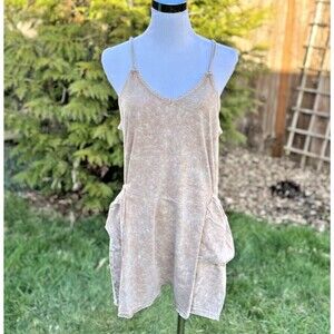 NEW Zenana Acid Crinkle Washed Spaghetti Strap Romper Camel Brown Medium